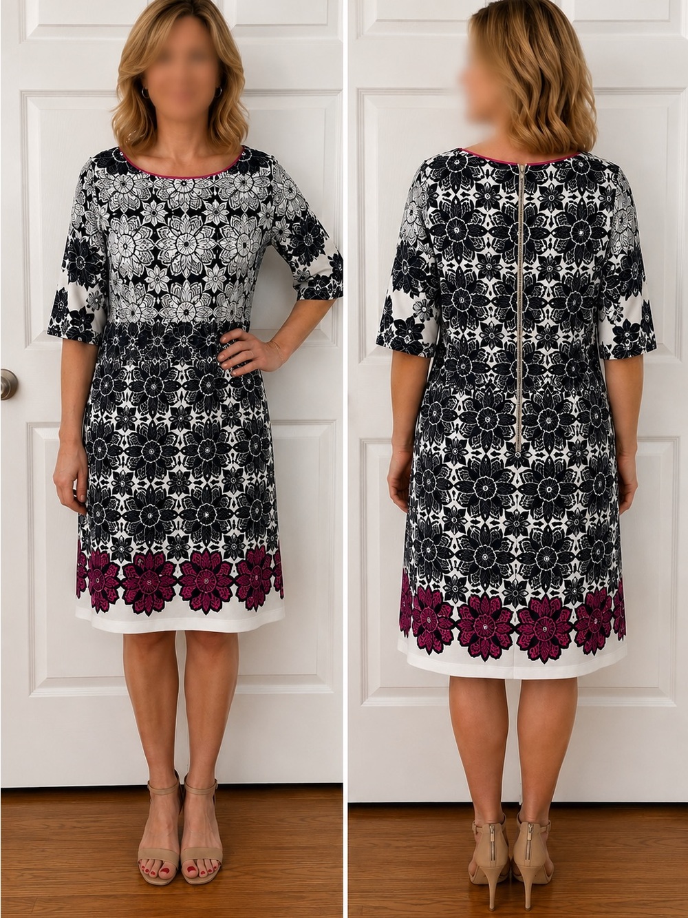 Eliza J Black & White Floral Midi Dress with Pink Hem